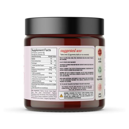 Back label of gummy jar with Supplement Facts, suggested use, warnings, and icons (21+, natural, plant-based).