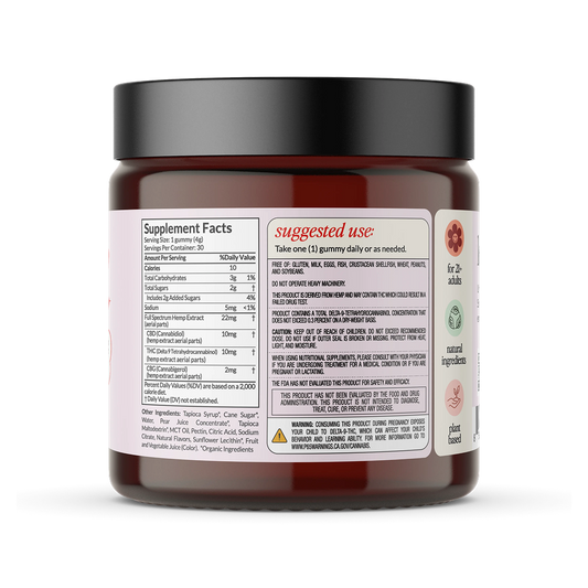 Back label of gummy jar with Supplement Facts, suggested use, warnings, and icons (21+, natural, plant-based).
