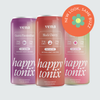 Three 'Happy Tonix' beverage cans (purple, coral, pink) with a green 'Zero Sugar' badge