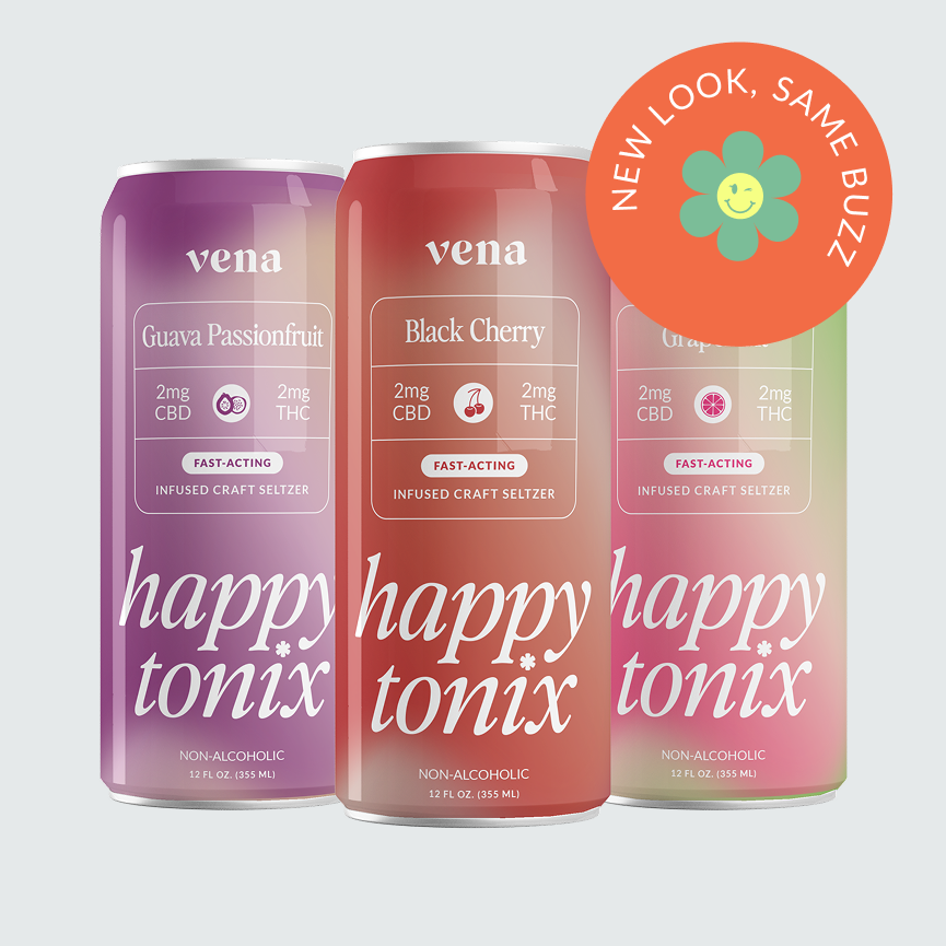 Three 'Happy Tonix' beverage cans (purple, coral, pink) with a green 'Zero Sugar' badge