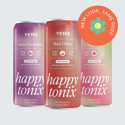 Three 'Happy Tonix' beverage cans (purple, coral, pink) with a green 'Zero Sugar' badge