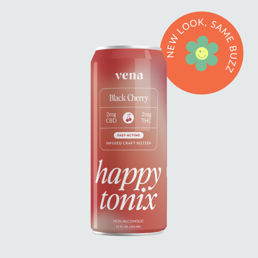 vena Black Cherry 2mg CBD 2mg THC FAST-ACTING INFUSED CRAFT SELTZER happy tonix NON-ALCOHOLIC NEW LOOK, SAME BUZZ