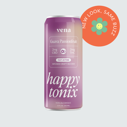 Vena Happy Tonix guava passionfruit infused craft seltzer can — 2mg CBD, 2mg THC; orange badge reads 'NEW LOOK, SAME BUZZ'
