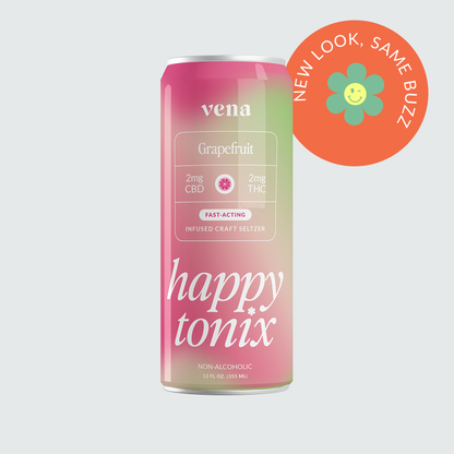 Vena Grapefruit 2mg CBD 2mg THC FAST-ACTING INFUSED CRAFT SELTZER happy tonix NON-ALCOHOLIC NEW LOOK, SAME BUZZ