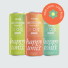 Three Vena 'skinny mocktail' cans — Margarita, Citrus Spritz, Mojito; happy tonix logo and badge 'NEW LOOK, SAME BUZZ'