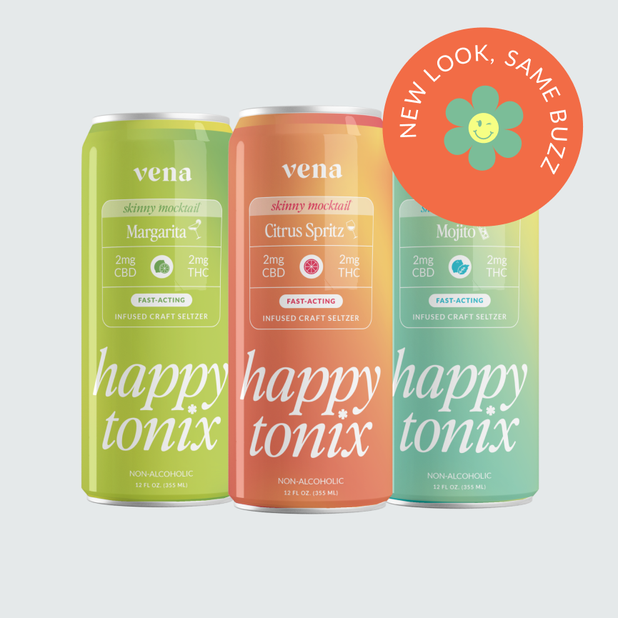 Three Vena 'skinny mocktail' cans — Margarita, Citrus Spritz, Mojito; happy tonix logo and badge 'NEW LOOK, SAME BUZZ'