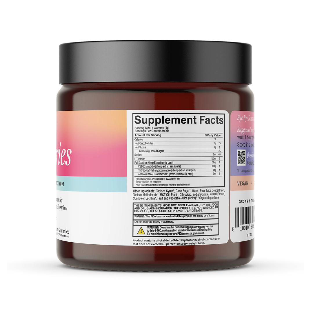 Back of gummy jar showing 'Supplement Facts' panel, ingredient list and warning text; 'VEGAN' label visible.