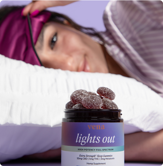 Jar labeled 'vena lights out' HIGH POTENCY FULL SPECTRUM, on pillow with person wearing sleep mask in background.