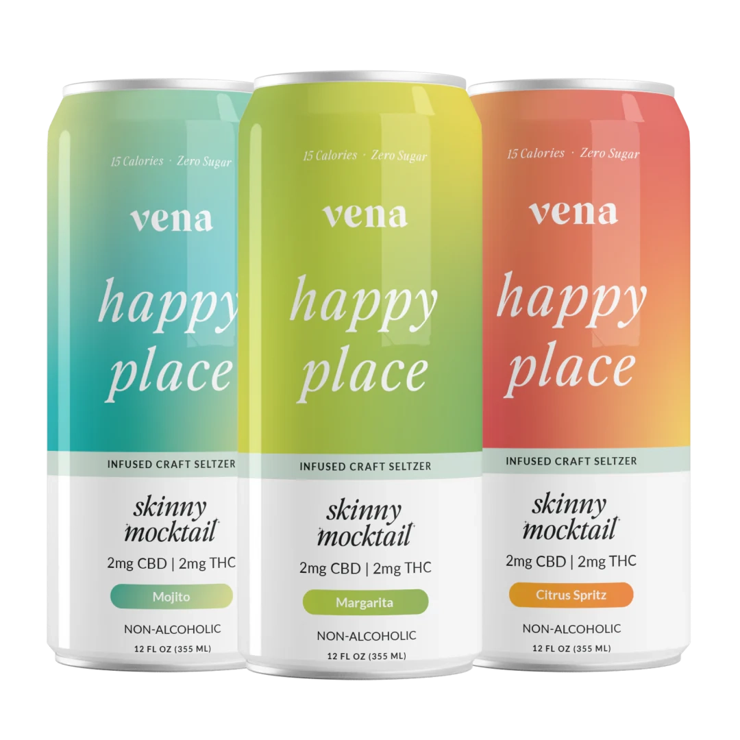 Three Vena 'happy place' skinny mocktail cans — Mojito, Margarita, Citrus Spritz non-alcoholic seltzers.