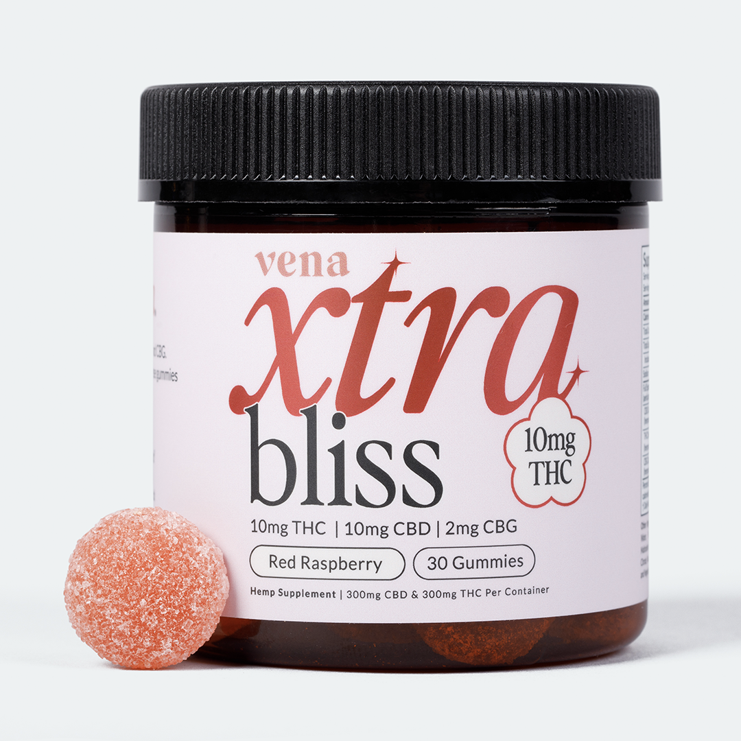 Vena xtra bliss jar, label: vena xtra bliss 10mg THC 10mg CBD 2mg CBG Red Raspberry 30 Gummies Hemp Supplement
