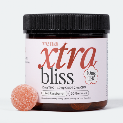 Vena xtra bliss jar, label: vena xtra bliss 10mg THC 10mg CBD 2mg CBG Red Raspberry 30 Gummies Hemp Supplement